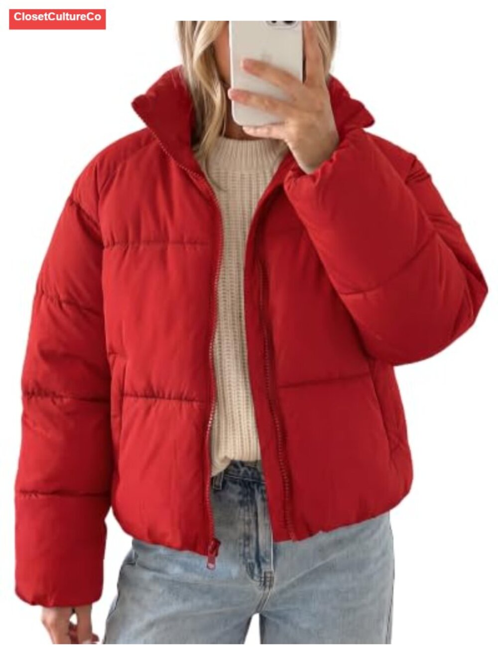 Women's Cropped Puffer Jacket Warm Quilted Zip-Up Oversized Winter Coat